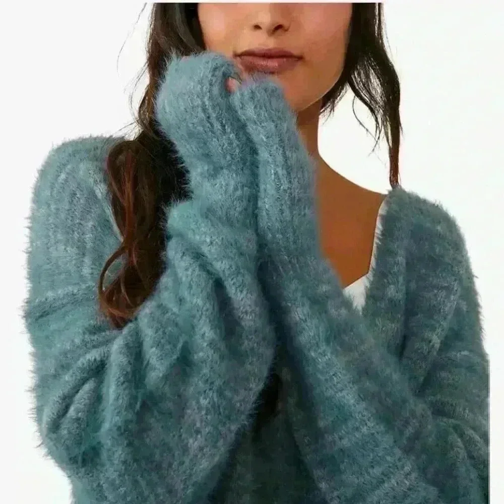 Free People Womens Serendipity Eyelash V-Neck Pullover Sweater Blue XS - Picture 4 of 5